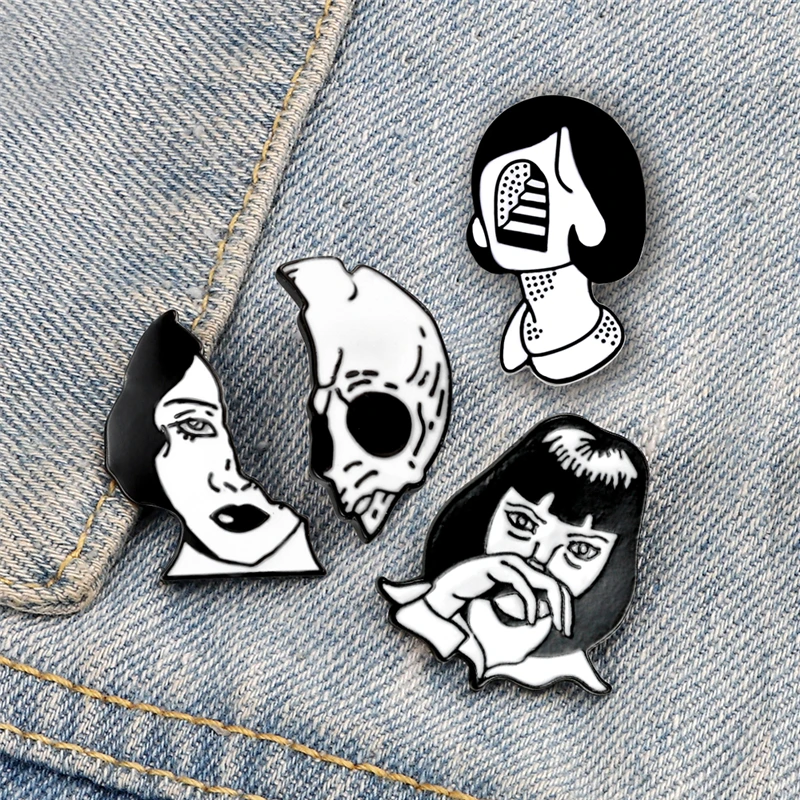 Weird Girls Head Enamel Pins Black And White Horror Face Brooches Skull Collection Badges Backpack Denim Creative Jewelry Gifts