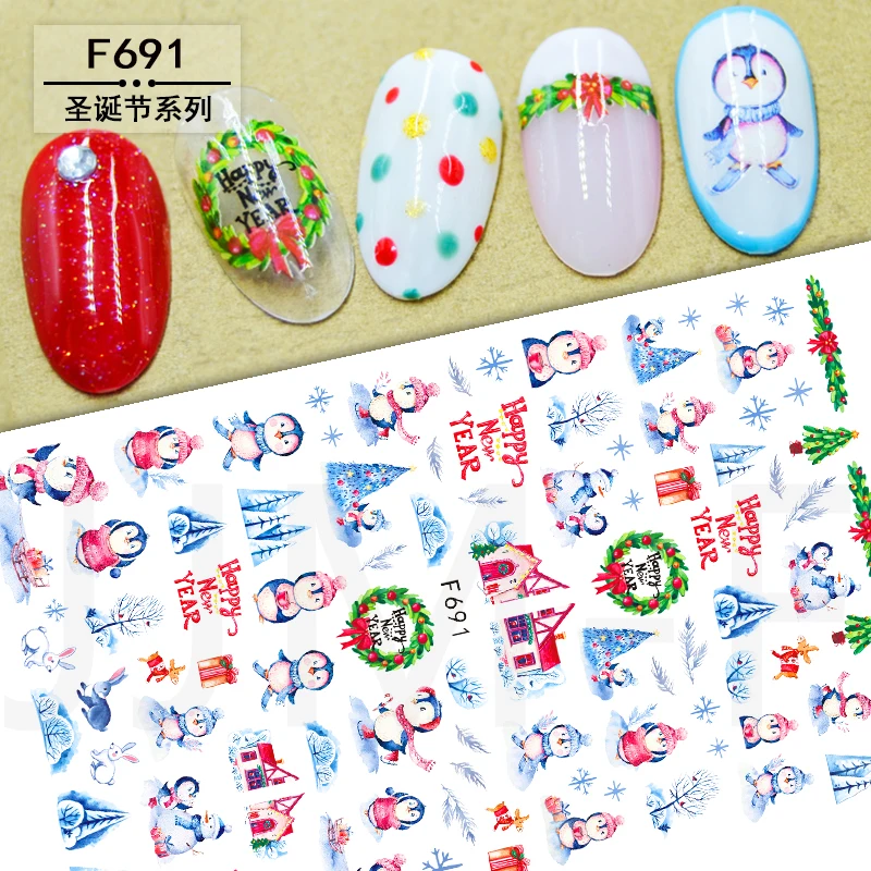 10 Stuks Kerst Serie Kerst Hert Nail Sticker Kerstboom Witte Sneeuwpop Diy Nail Slider Nagel Zelfklevende Sticker Decoratie