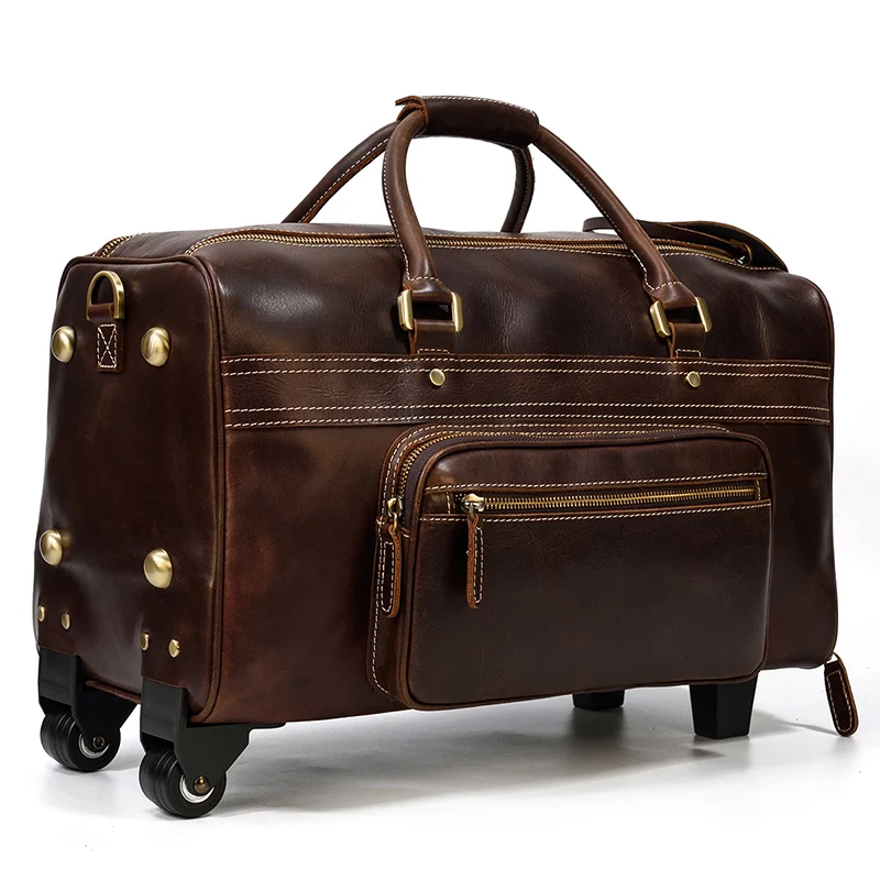 Newsbirds Genuine leather hand laugage travel bag with wheels men women travel bag rolling duffle bags with rollers handbags