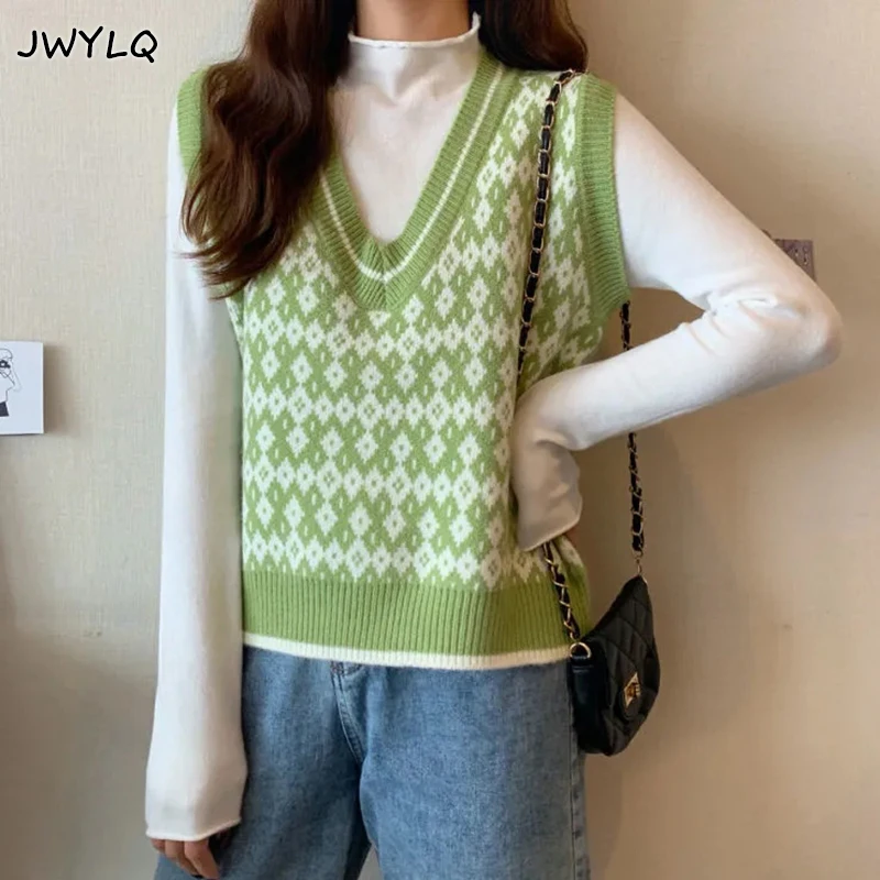 

Korean Argyle Lattice Sleeveless Preppy Style Knitted Vest Women Fashion Sweet V-neck Loose Sweaters Basic Student Sweater Vest