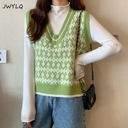 Korean Argyle Lattice Sleeveless Preppy Style Knitted Vest Women Fashion Sweet V-neck Loose Sweaters Basic Student Sweater Vest