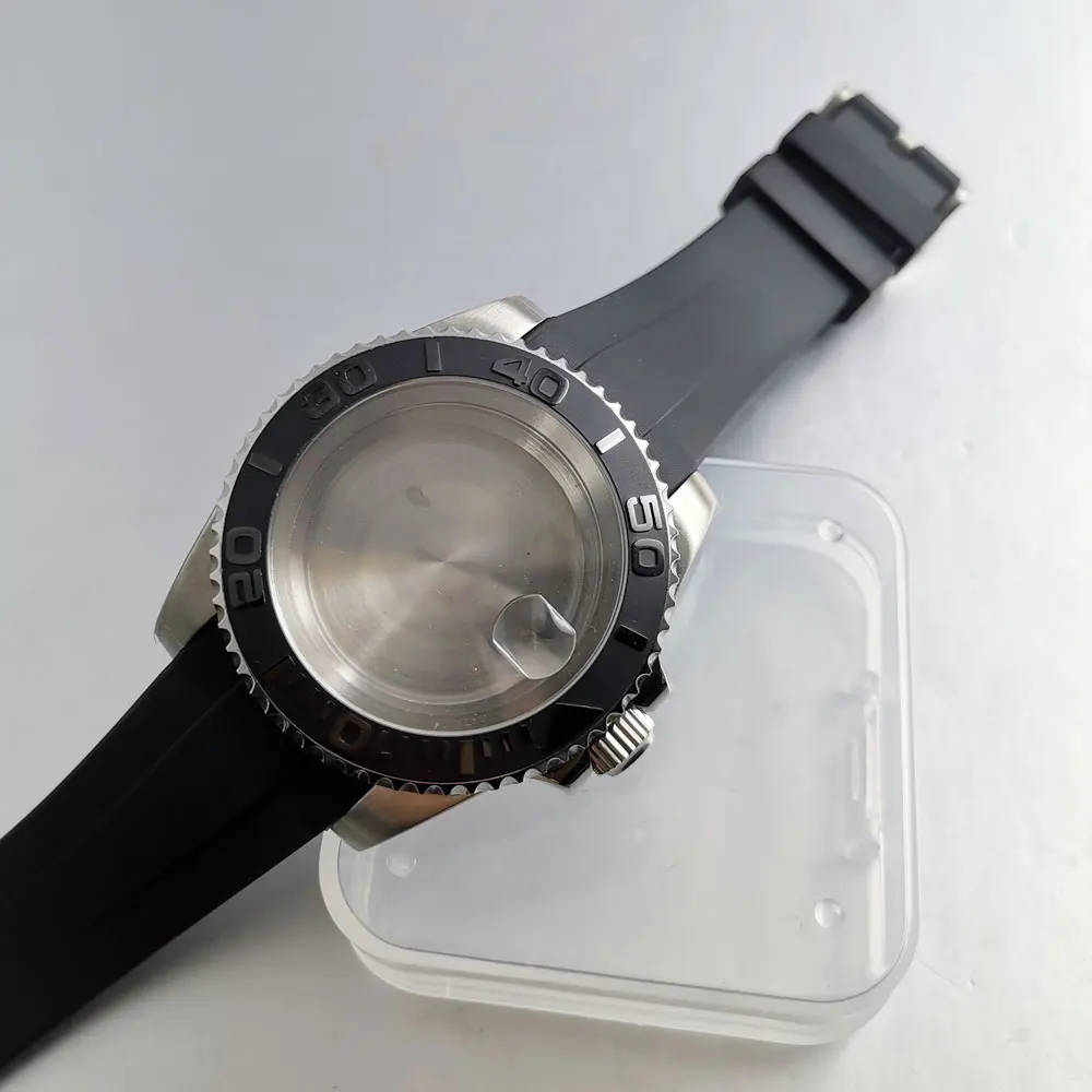 40mm Watch Case Fit for NH35A NH36A Curved End Rubber Strap Cyclops Sapphire Glass Unidirectional Bezel