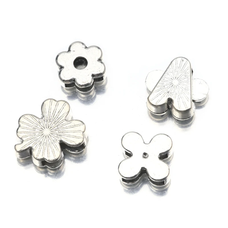 10Pcs Tibetan Silver Lucky Clover Flower Loose Spacer Beads For 10mm Flat Leather Cord Diy Bracelet Jewelry Making Accessories