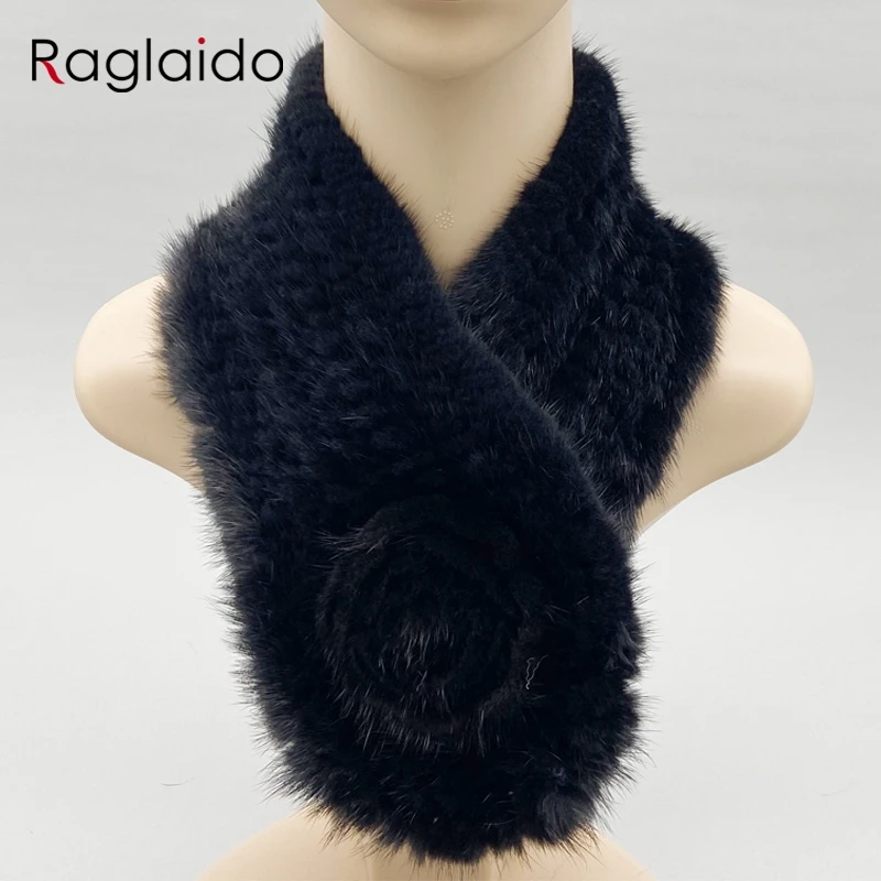 Women Scarf Natural Mink Fur Scarf Winter Female Warm Shawls Stylish Solid Knitted Neckwarmer 62cmx10cm