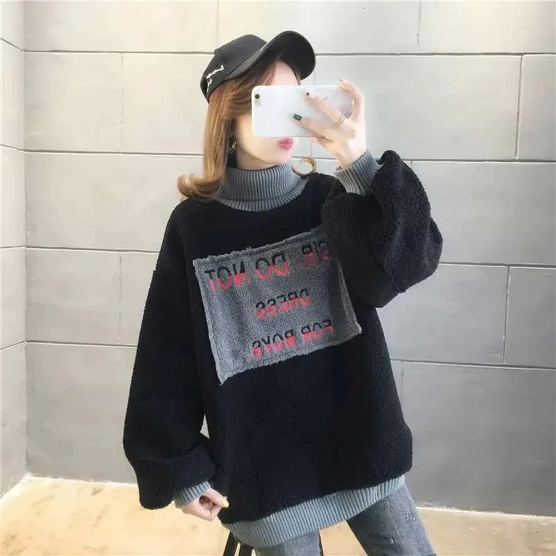 Korean Lambswool Embroidered Women's Pullover Y2k Lapel Stitching Ladies Sports Top New Winter Warm Plus Velvet Long-sleeved Top