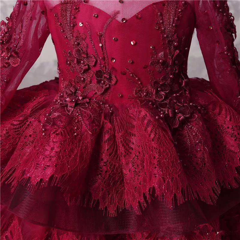 Amazing Multi-Layer Flower Girl Dresses Dark Red Lace Long Sleeves Appliques Beads Birthday Party Wear For Wedding Sweep Train