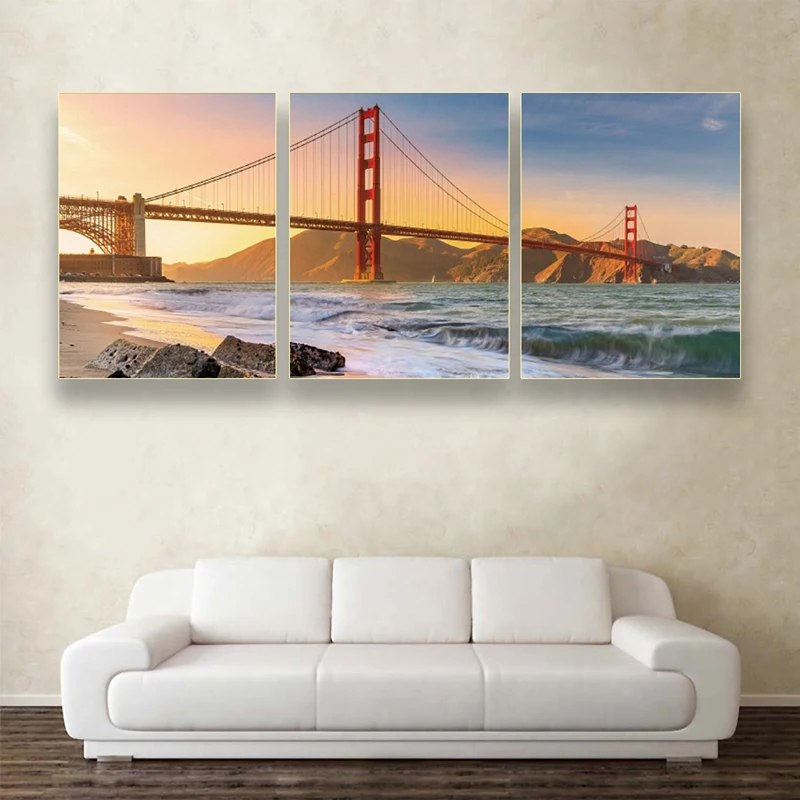 

3Pcs 5D Diy Diamond Painting Sunset Beach Golden Gate Bridge Full Square Round Drill Embroidery Needlework Diamond MosaicZP-3858