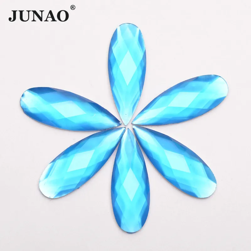 JUNAO 8*22mm Neon Blue Teardrop Rhinestone Flat Back Resin Applique Crystal Stone Non Hot Fix Strass Clothing Accessories Craft