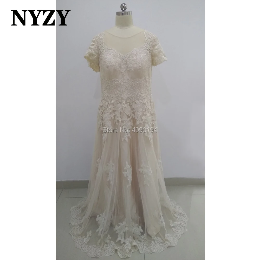 NYZY-vestido de noche Formal para madre de la novia, elegante vestido de manga corta con Apliques de encaje y cuentas, color champán, M307