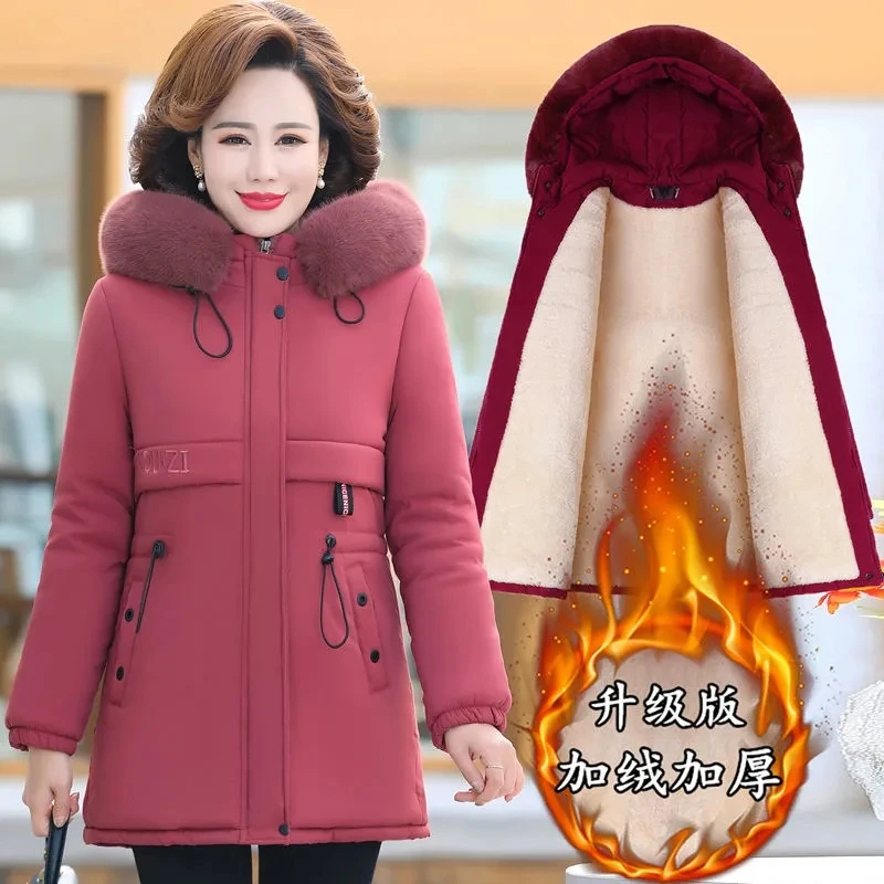 

New Upscale Mothers Winter Cotton Jacket Mid-Long Ladies Pie Overcome Add Velvet Thicken Soft Keep Warm Ladies Coat Cotton