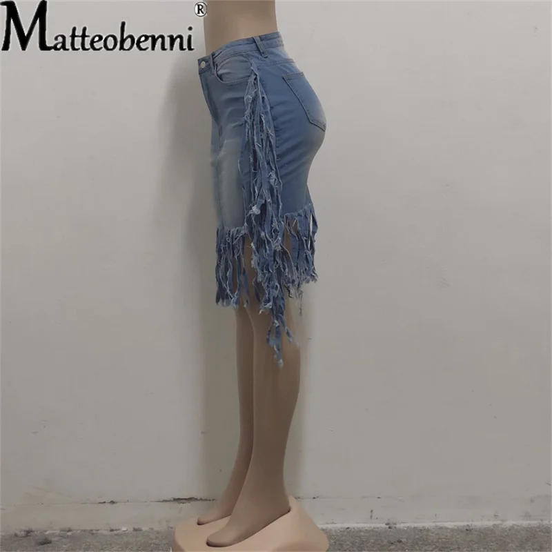 Women High Waist Sexy Jeans Skirts Top Quality Cotton Irregular Hole Ripped Tassel Denim Skirts Ladies Casual Street Short Skirt