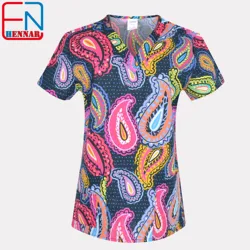 NEW Hennar Women Scrub Top With V-Neck 100% Cotton Print scrub Uniforms  Nurse Scrub Tops For Women