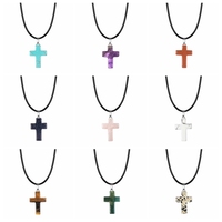 Natural Stone Cross Pendant Necklace Women Men 18inch Black Leather Cord Custom Crystal Choker Chakra Jewelry Findings