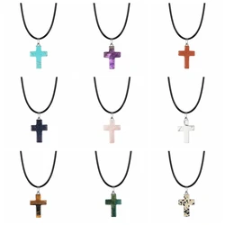 Natural Stone Cross Pendant Necklace Women Men 18inch Black Leather Cord Custom Crystal Choker Chakra Jewelry Findings