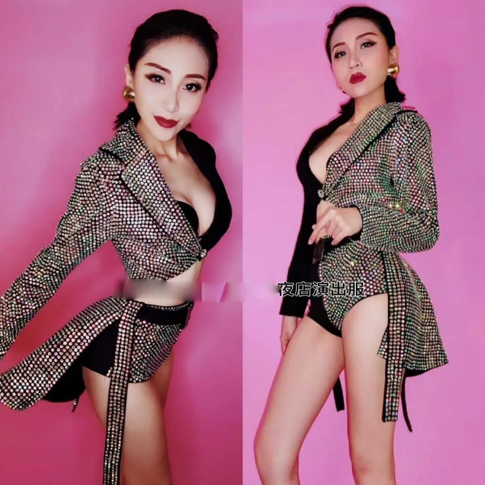 

Sparkly AB Rhinestones Outfit Sexy Black Blazer Short Design Party 2 Pieces Set Dj Female Singer Nightclub Dance Skirt Costume