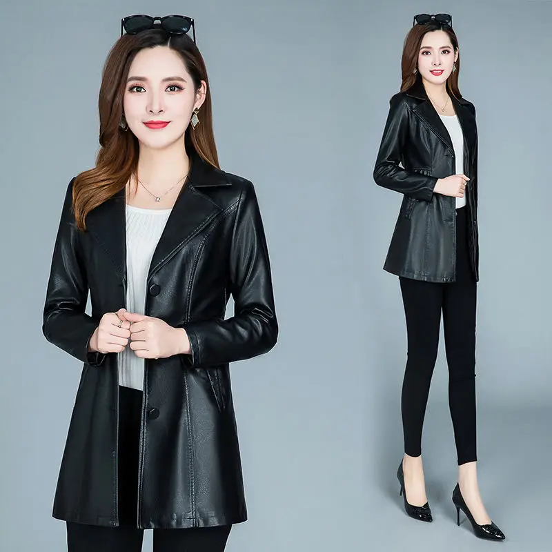 Women\'s Leather Jacket Long 2023 Autumn And Winter Loose Thickening Slim Leather Coat Female Fashion Women Clothing