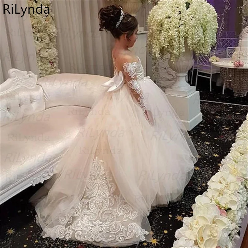 Vestido De Baile De Renda Marfim Infantil, Vestidos Menina De Flores, Vestidos Compridos De Comunhão, Laço De Cetim, Princesa