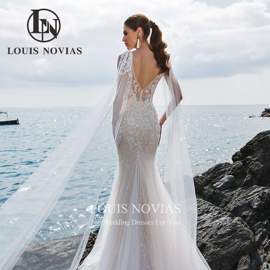 LOUIS NOVIAS Mermaid Wedding Dresses For Women Sexy Spaghetti Straps Backless Beading Deep V-Neck Wedding Gown Vestidos De Novia