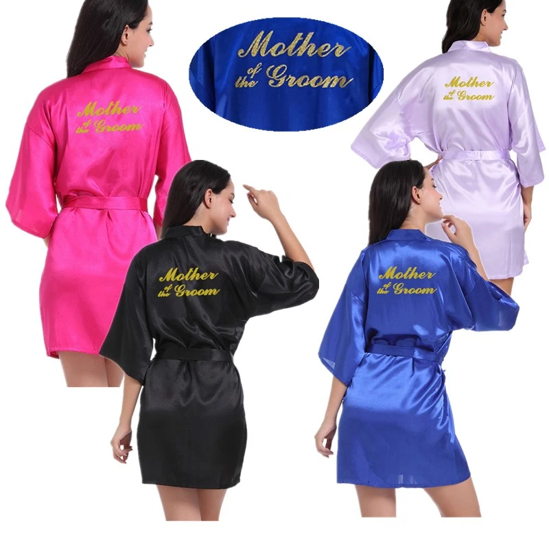 Wholesale Mother of the Groom Letter Gold Glitter Women Solid Satin Kimono Bride Robes For Wedding Party Sleepwear Bathrobes L6