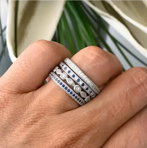 Wholesale Clear Blue Cubic Zirconia Paved Engagement Band 4Pcs Stack Stackable 925 Sterling Silver Eternity CZ Finger Rings