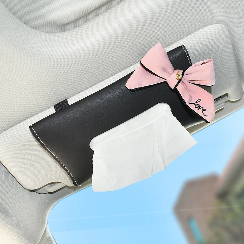 Cute Diamond Bowknot Car Tissue Box Sun Visor Leather Auto Tissue Paper Bag Sunvisor Hanging Holder Case Napkin Car Accessories