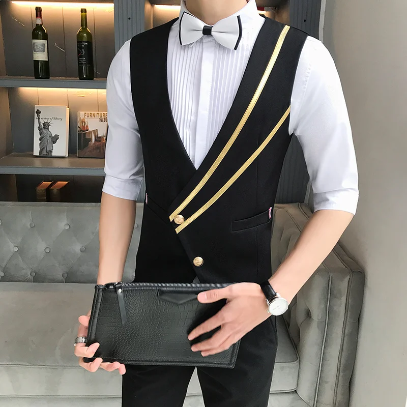 Business Casual Suit Vest for Men Formal Single Breasted Bar Waiter Work Uniform Nightclub Slim Fit Wedding Black Dress Vest Man