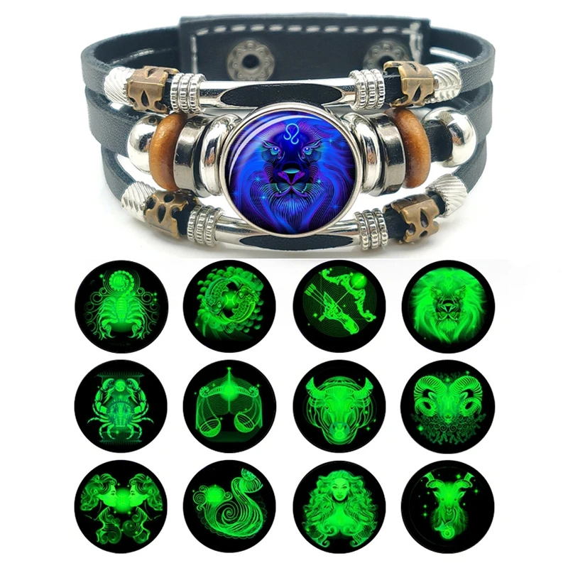 All New Zodiac Sign Luminous Braided  Gemini Cancer Leo Virgo Libra Scorpio 12 Constellation Punk Leather Bracelet for Men Women