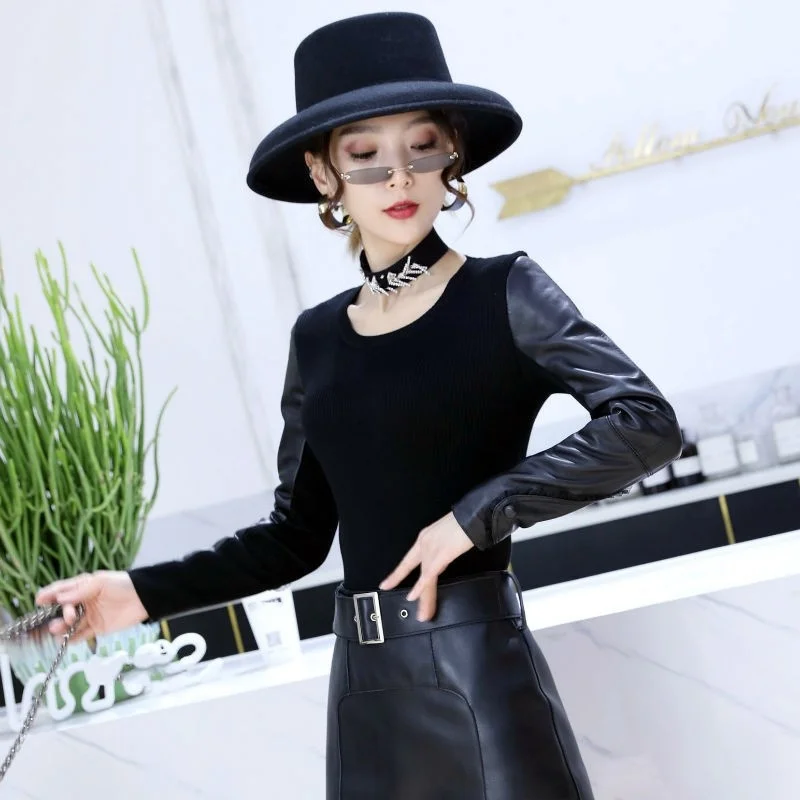 Style Korean New Sheepskin Long Sleeves Knitted Pullover Slim O-Neck Womens Short Fashion Genuine Leather Spliced Sweater