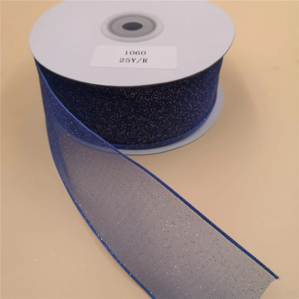 38MM X 25 Yards Silver Royal Blue Sheer Organza Wire Edge Ribbon  for Birthday Decoration Gift Wrapping 1-1/2