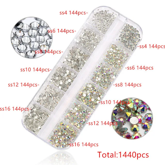 12 ızgara 1440 adet Mix boyutları cam kristal olmayan sıcak düzeltme yapay elmas Flatback kristal 3D glitter Nail Art Rhinestones süslemeleri