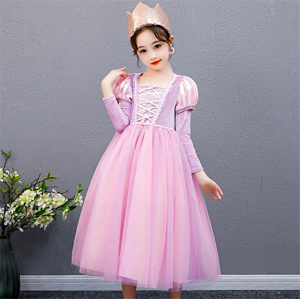 Vestido de Rapunzel para niñas, disfraz de Halloween enredado, cumpleaños, manga larga, tutú rosa, Estilo Vintage, Princesa, peluca