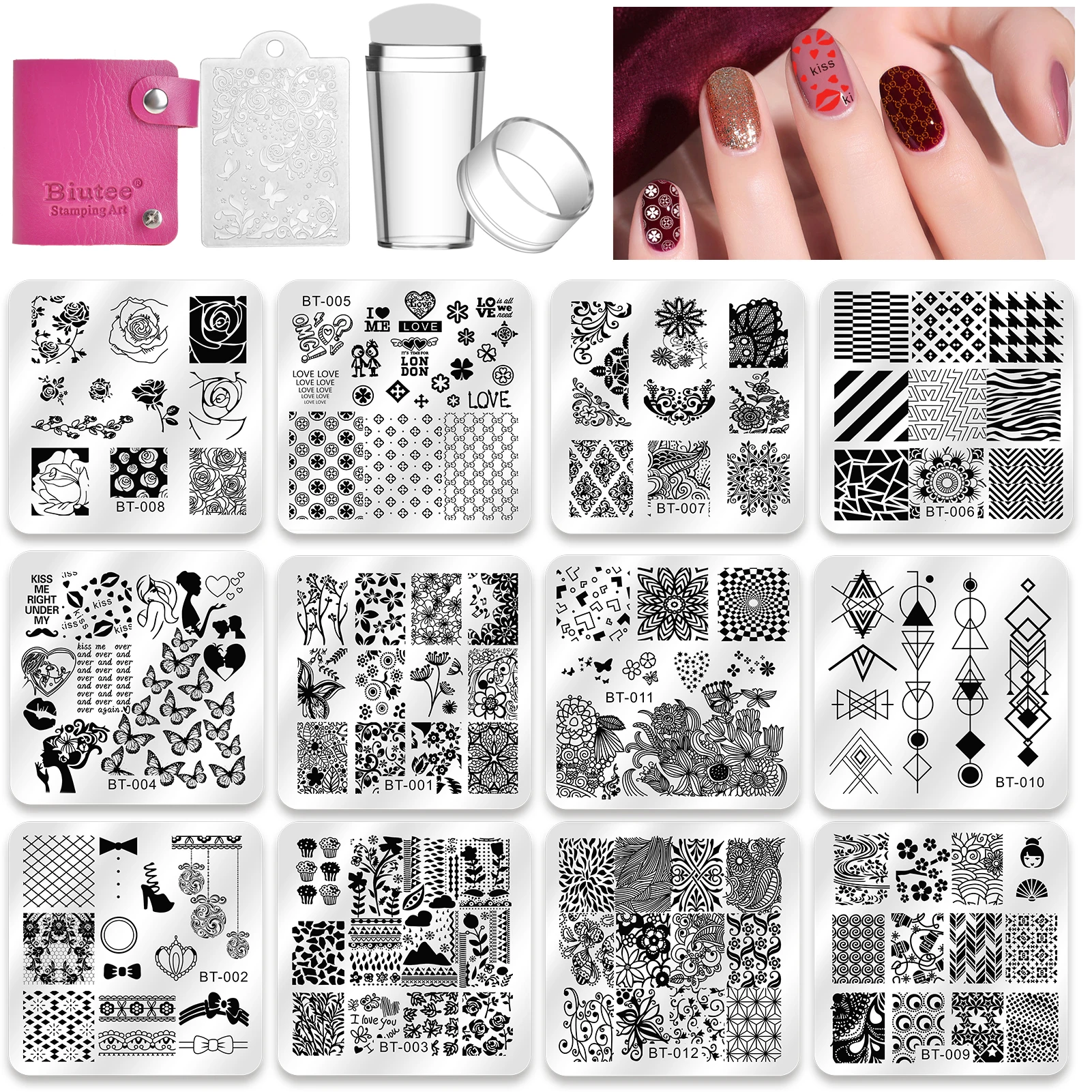 Biutee 12 Pcs Nail Stamping Plates Set 12 Nail Manicure Plates +1 Polish Stamper + 1 Scraper DIY Stamp Template Nail Tool Kits