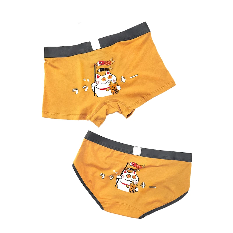 Cartoon Cats Print Couples Cotton Underwear Creativity Fashion Personality Breathable Elasticity Man Boxers Women Panties Breifs