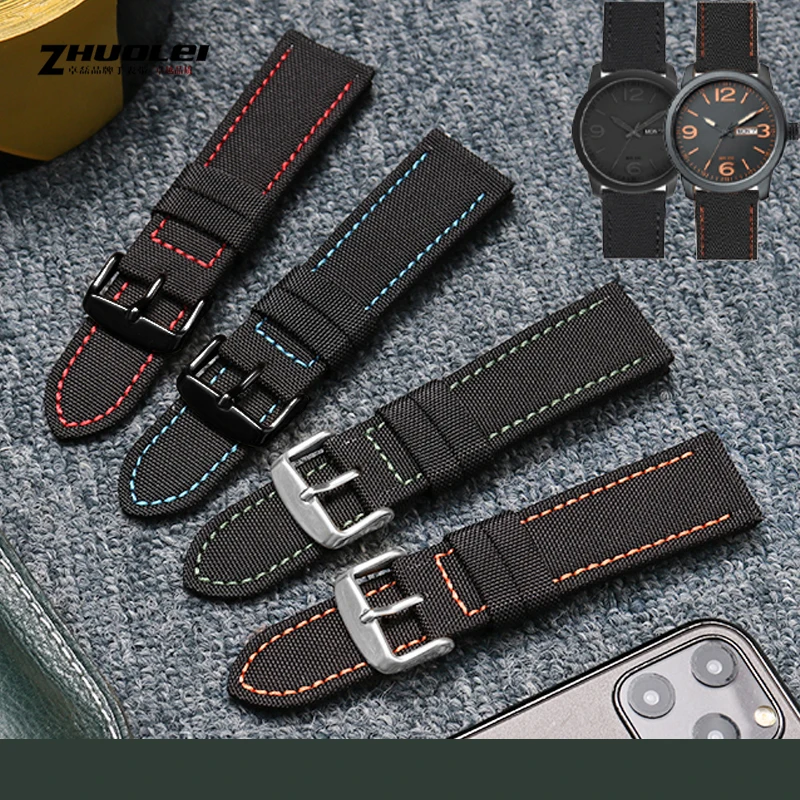 For Seiko Casio Men Premium Nylon Watch Band Black orange/red/blue line Army green 20mm,22mm 24 Genuine leather Breathable strap