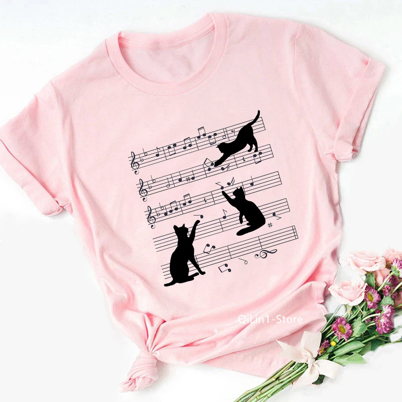 Funny Black Musical Note Cat Tee Shirt Femme Summer Top Female Pink T-Shirt Lovely Kitten Animal Print Tshirt Women T Shirt