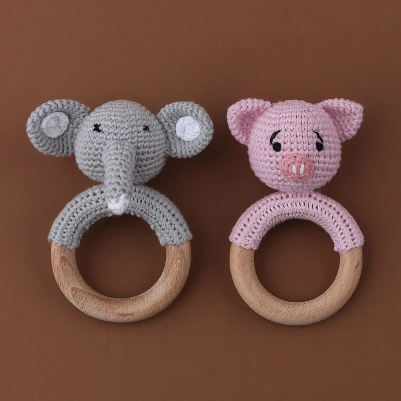 BPA Free DIY Crochet Cartoon Baby Teether Wooden Baby Rattle Toys Newborn Teething Rings Stroller Molar Bracelet Educational Toy