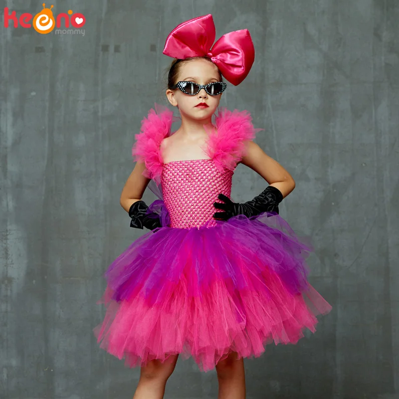 Bright Pink and Purple Tutu Dress with Deluxe Bows and Glasses Girls Punk Rock Tutu Dress Kids Birthday Party Halloween Costume