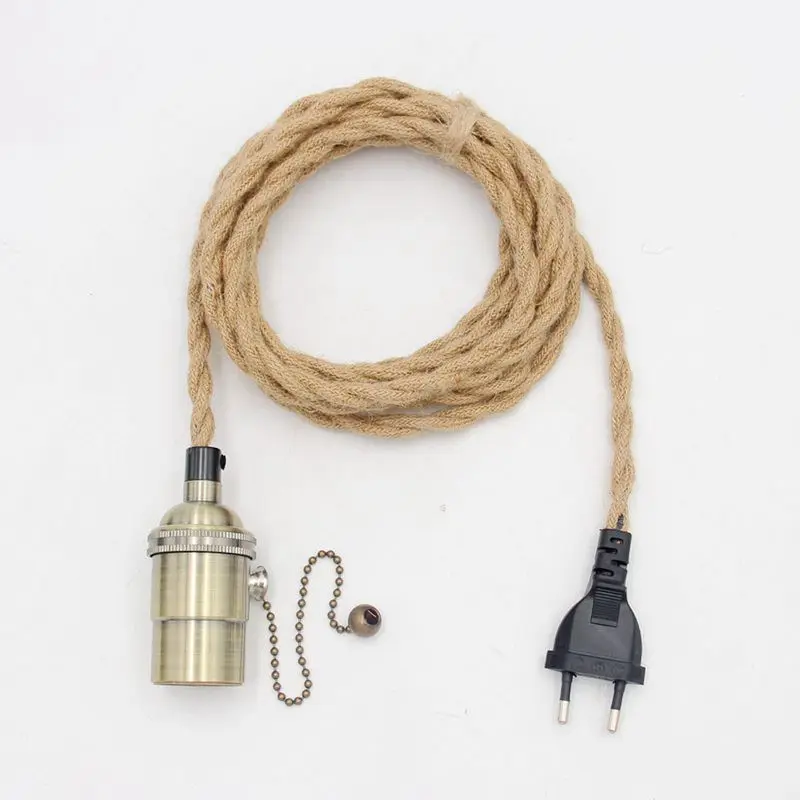 2m 3m  AC Power Cords Hemp Jute Rope Cable With EU Plug E26/ E27 Screw Vintage Lamp Bulb Holder For Hanging Lights