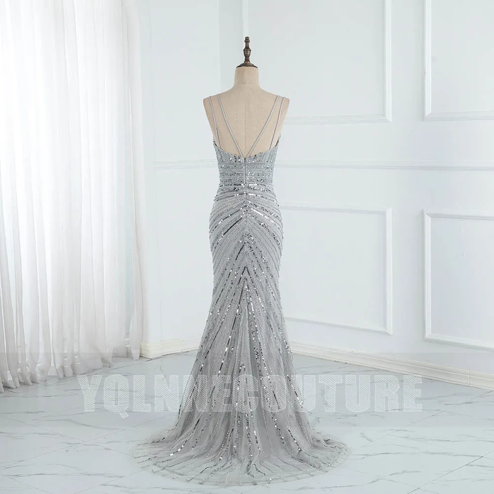 Silver Rhinestones Beaded Long Prom Dresses Spaghetti Tulle Backless Party Dance Pageant Gown Competition Robe De Soiree