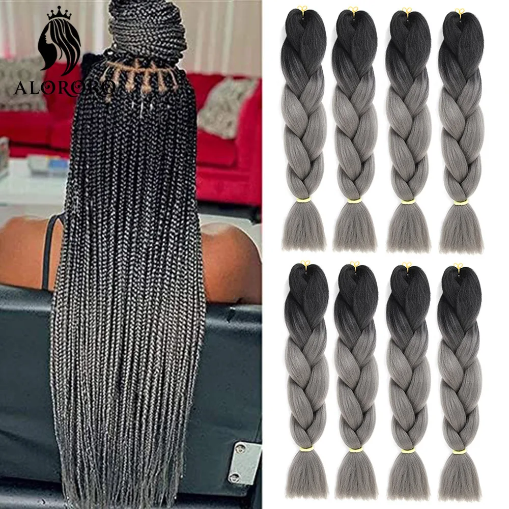 Alororo  Afro Black Grey Ombre Braiding Hair 24 Inch 3/6/8Pcs/Pack Synthetic Hair Extension for Jumbo Braid Hair Wholesale