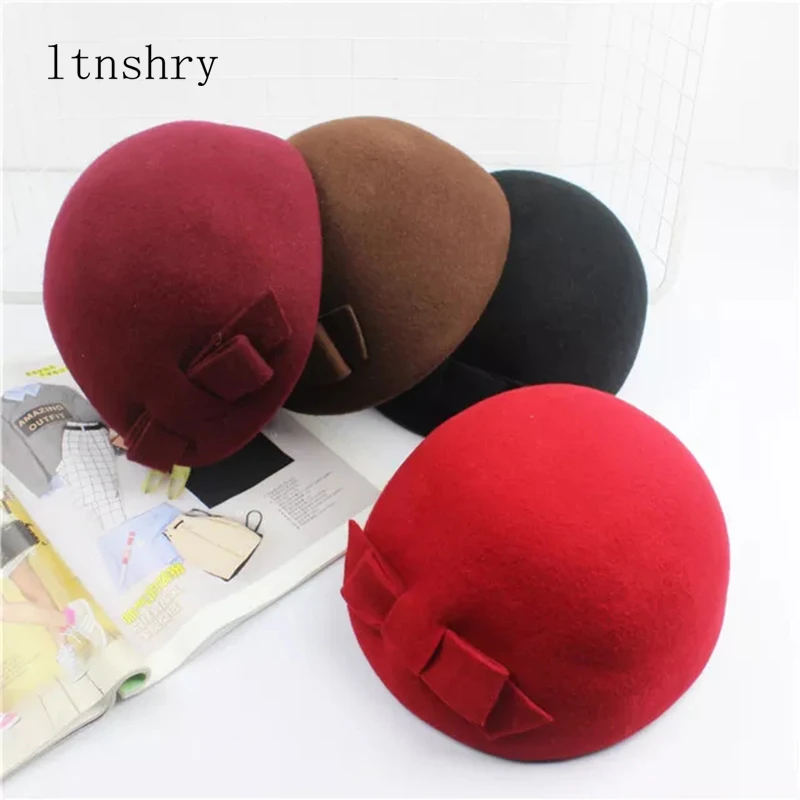 2019 Beret 100%wool Women Wool Elegant Fedora Hat Ladies Bowknot British Solid Wedding Autumn Winter Classic Artist Cap Female