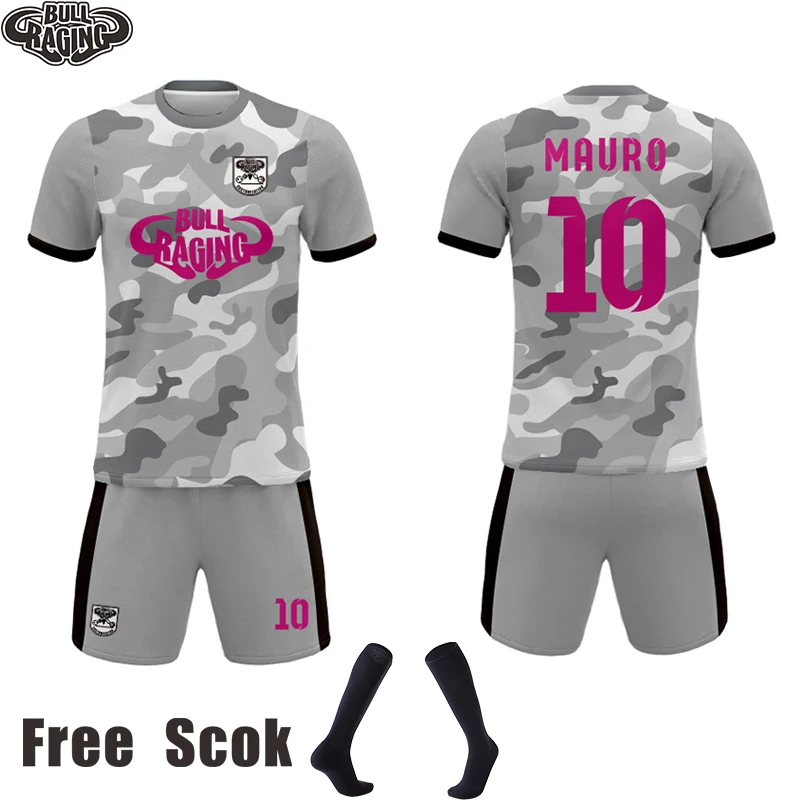 Pink Blue Grey Color Camo Design Custom Men Soccer Club Uniforms Polyester Mesh Quick Dry Soccer Jersey Sets