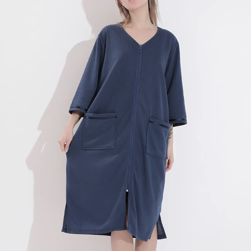 3XL Women Loose Bathrobe Gown Zipper Pocket Nightwear Summer Thin Robe Gown Sleepwear Sex Casual Nightgown Pajamas Robe