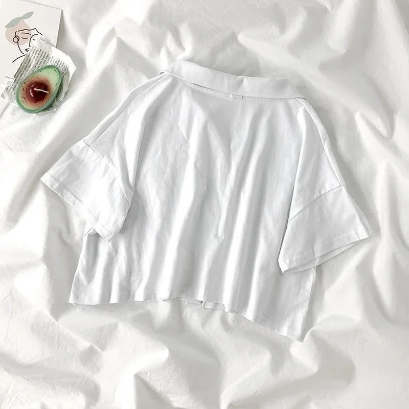 Turn-down Collar Short Sleeve T-shirts Women Solid Single Breasted Crop Tops All-match High-street Students Summer Ulzzang Chic