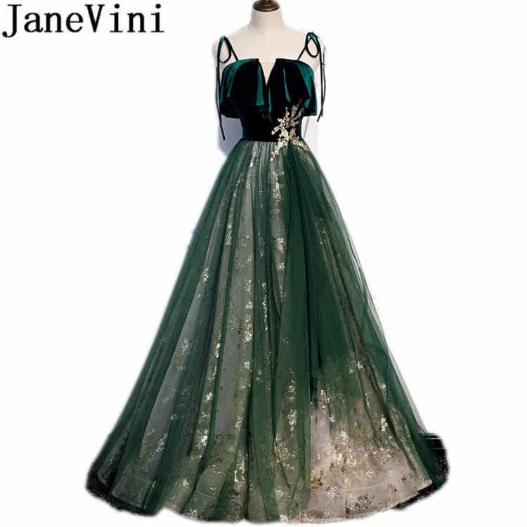 Janevini escuro verde veludo superior vestidos de baile longo ouro brilhos princesa fofo tule cintas de espaguete uma linha formal vestidos de festa