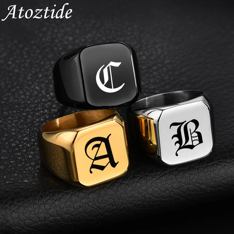 Atoztide Custom Letter Rings Engrave A to Z Alphabet Personalized Photos Finger Circle Stainless Steel Engraving Jewelry Gifts