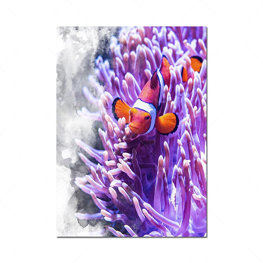 Undersea beach poster, clown fish-saltwater tropical fish, beach shells, jellyfish prints-aquarium art-gift decoration poster fo