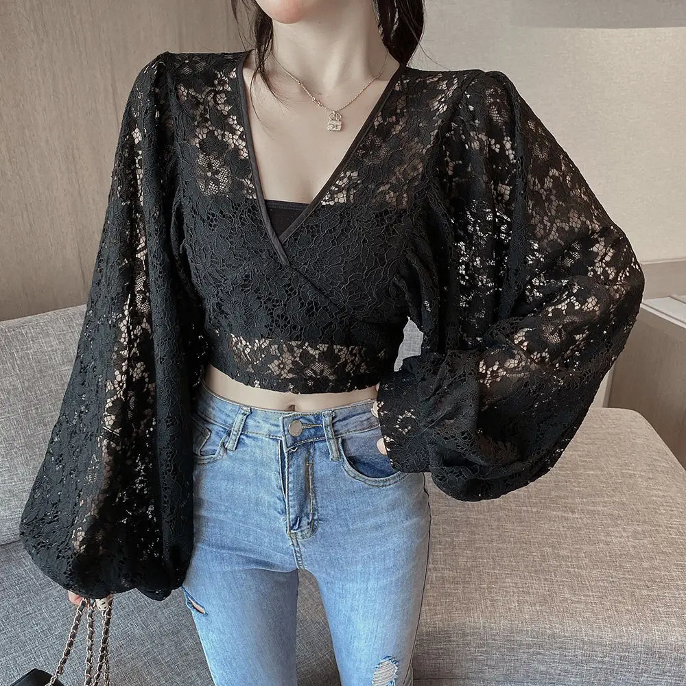 Blouse Women Summer Fashion Batwing Sleeve Lace Sexy V-neck Slim Mature Female Backless Office Party Leisure Streetwear Cozy