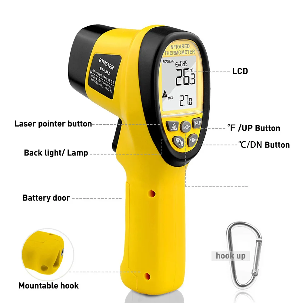 Digital Infrared Thermometer Non-contact High temperature tester 16:1 IR Laser Gun with backlight -50℃ to 1360℃(-58 to 24800F)