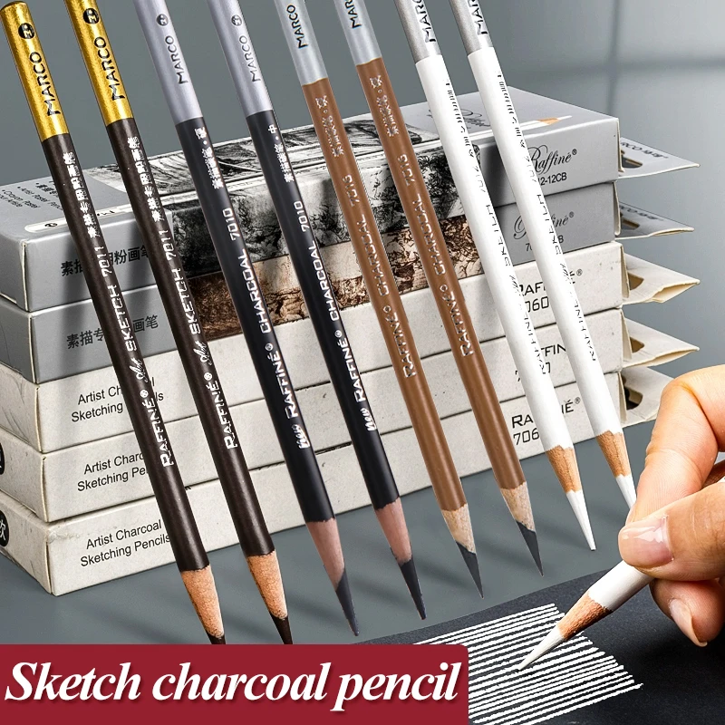 Marco Charcoal Sketching Pencils Art Pencils Graphite Alot Soft-Medium-Hard Charcoal Pen High-gloss White Brown Art Supplies